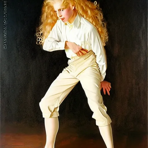 Image similar to beautiful painting of the androgynous pale blond prince Lucius with long curly blond hair, delicate young man wearing a soft white poet shirt and a black miniskirt and heels, pinup poster by J.C Leyendecker and Norman Rockwell