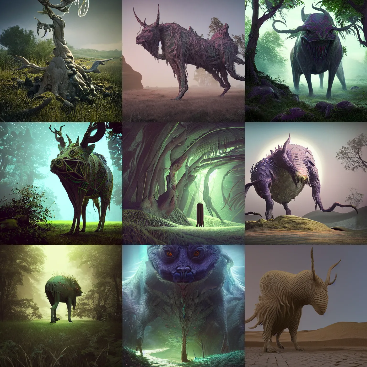 Image similar to a detailed 3 d render magical beast occult magick features in the style of beeple and ethnobotany and dark fantasy, 8 k, crisp, cg society, award winning art, dazzling, fascinating