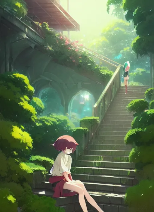 Image similar to in a rainy girl sitting on a stair where there is an arched self above, many green plant and flower gowing on it, illustration concept art anime key visual trending pixiv fanbox by wlop and greg rutkowski and makoto shinkai and studio ghibli