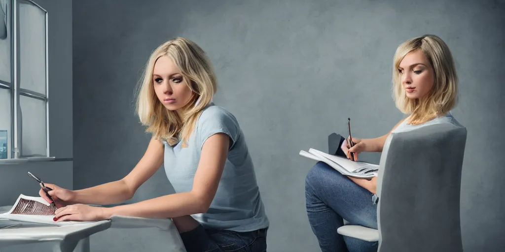 Prompt: full shot of only one blonde woman in her mid 20's with shoulder-length hair. She is sitting on a washing machine. She is writing in a notebook. Side view. hyper realistic, 4k, intricate details.