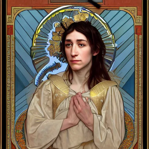 Image similar to portrait of charlotte gainsbourg as joan of arc, hyperreal digital painting, iconography influenced by alphonse mucha and eugene delacroix, arstation and deviantart trends, high resolution 8 k