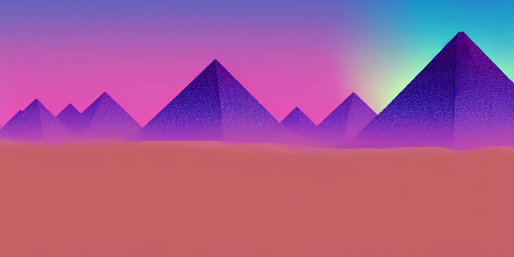 Image similar to purple digital desert, dawn, man in holographic coat, pyramids on the horizon, abstract holographic pastel, 1 9 8 0 s retro futuristic art, synthwave, vaporwave style