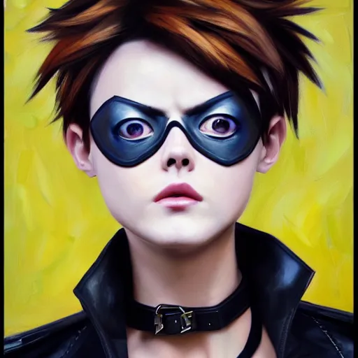 Prompt: oil painting of tracer overwatch in a field wearing very large black leather collar around neck, in style of mark arian, expressive face, very detailed face, wearing leather choker, very detailed eyes, full body, feminine face, detailed makeup on eyes,