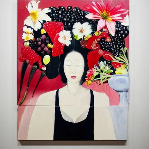 Image similar to “art in an Australian artist’s apartment, portrait of a woman wearing black silk cloth, eating luscious fresh raspberries and strawberries and blueberries, white wax, edible flowers, Japanese pottery, Australian native flowers ikebana, black walls, acrylic and spray paint and oilstick on canvas”