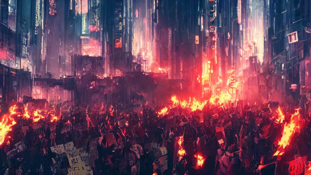 Prompt: angry protesters holding placards, digital illustration by greg rutkowski, fire, android netrunner, nighttime, cyberpunk city background, colored lighting