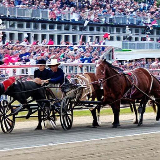Prompt: amish horse pulled buggy in a nascar race, side drafting