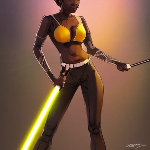 Prompt: A beautiful black female jedi with a yellow lightsaber, in the background is a desert village, full body, intricate, elegant, highly detailed, digital painting, artstation, concept art, smooth, sharp focus, illustration, art by artgerm and Jim Mahfood
