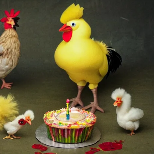 Prompt: a fluffy yellow newly hatched baby chicken stands near a big rooster and a miniature birthday cake