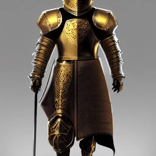 Image similar to a highly detailed full-length knight in a T golden helmet and crown with a diamond in the center, golden armor, leather clothes under the armor, leather gloves, holds a black sword, artstation, DeviantArt, professional, octane render, sunset lighting