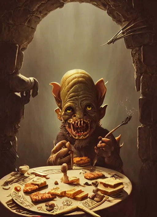 Image similar to highly detailed closeup portrait of a medieval goblin eating cakes, stephen bliss, unreal engine, greg rutkowski, ilya kuvshinov, ross draws, hyung tae and frank frazetta, tom bagshaw, tom whalen, nicoletta ceccoli, mark ryden, earl norem, global illumination, god rays, detailed and intricate environment