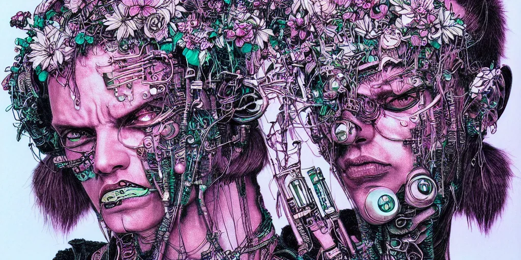 Image similar to risograph grainy drawing cyberpunk antagonist face wearing cyberpunk accessories, photorealistic colors, with huge piercings, face covered with plants and flowers, by moebius and satisho kon and dirk dzimirsky close - up portrait, hyperrealistic