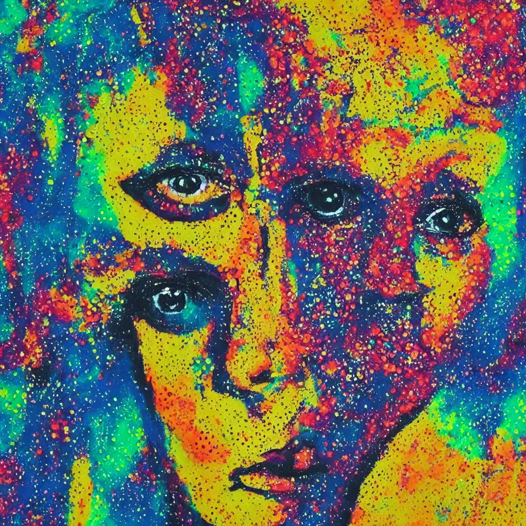 Image similar to intricate face with dots of paint melting in to a colorful painting made of gouache impasto