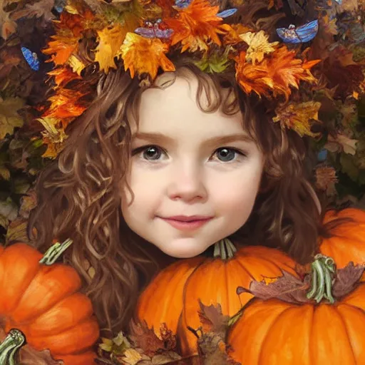 Image similar to a cute little girl with light brown wavy curly hair and blue eyes sitting amidst piles of pumpkins. beautiful cute highly detailed face. she is wearing a crown of autumn leaves. autumn and fall and halloween themed painting by artgerm and greg rutkowski and alphonse mucha.