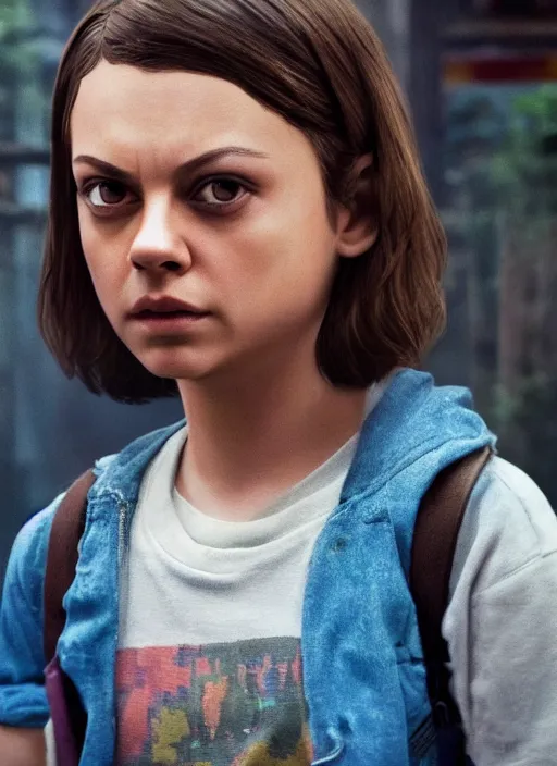 Image similar to Mila Kunis (buzzcut haircut) cast as Eleven, still from Stranger Things movie, hyperrealistic, 8k, Octane Render,