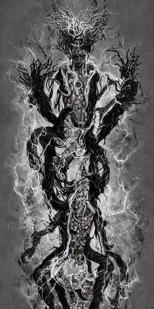 Image similar to full body and head , spiked black hair character design of realistic asian Sumerian Death Goddess ivory skin runic icons + mystical symbols, with small bleached bones covering vest and flowing electricity and smoke , fantasy, intricate, elegant, highly detailed, artstation, ,photoreal, ghostbusters , peter mordenbacher,Mike Winkelmann, ultra realistic, intricate, epic lighting, 8k resolution, unreal engine 5, ultraviolet colors