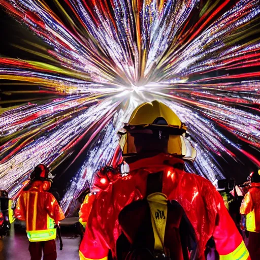 Prompt: love, diverse fire cybersuits, from behind, connection rituals, wide wide angle, vivid, elaborate, highly detailed, beautiful lighting