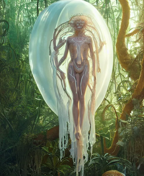 Image similar to opulent transparent clear see - through portrait of a terrifying beautiful male alien jellyfish robot, mottled coloring, adorable, childlike, overgrown biopunk jungle environment, ultra realistic, concept art, art nouveau, photorealistic, octane render, 8 k, unreal engine. art by christopher marley and artgerm and greg rutkowski and alphonse mucha