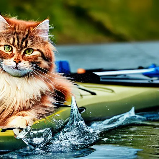 Image similar to Detailed Siberian cat kayaking in river, digital art