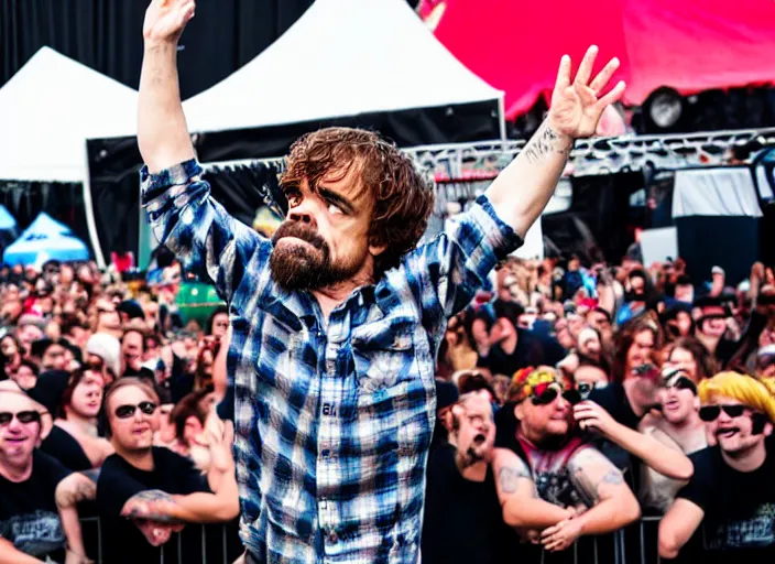 Image similar to photo still of peter dinklage at the vans warped tour!!!!!!!! at age 3 6 years old 3 6 years of age!!!!!!!! stage diving into the crowd, 8 k, 8 5 mm f 1. 8, studio lighting, rim light, right side key light