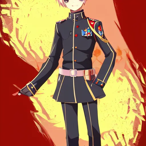 Image similar to Smooth tawny short hair anime cute boy,red eyes,kawaii, Wearing the gorgeous and handsome military uniforms of European royal princes,handsome anime pose, anime full body illustration, 8K, best anime character design, Official character illustration,Popular on Pixiv,Dream idol Festival,Zerochan Post Art