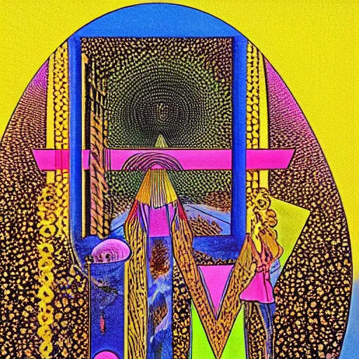 Image similar to A experimental art. A rip in spacetime. Did this device in her hand open a portal to another dimension or reality?! by Paul Laffoley, by Louis Comfort Tiffany saturated