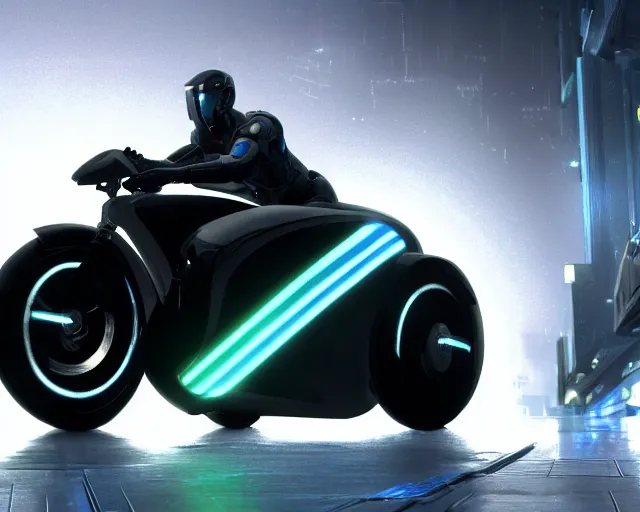 Prompt: off angle beautiful Product shot film still of a halo Mass effect futuristic modern electric tron motorcycle on a wet street at night in cyperpunk city, hard surface modeling, blade runner, octane, Ian Callum, Giorgetto Giugiaro, Leonardo Fioravanti , low polygon, chrome, trending on artstation, unreal, redshift, 3d model, 8k