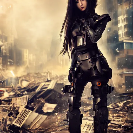 Prompt: beautiful android girl in full battle gear in a destroyed city, moody lighting, 8 k, shallow depth of field, cinematic lighting,