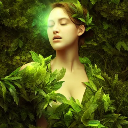 Image similar to a highly detailed digital matte painting of a young woman surrounded and engulfed in green leaves, artstation, detailed woman, stunning volumetric lighting, elegant, fantasy, 4k