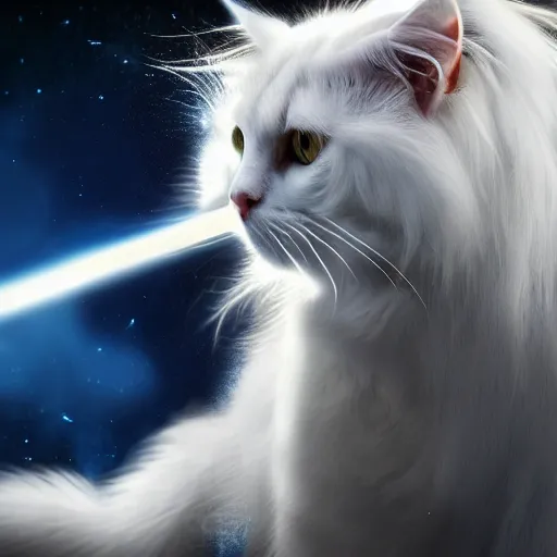 Image similar to long haired white cat with a sword in a futurist armor, art digital, 4k Resolution