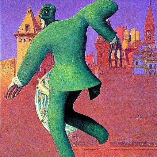 Image similar to spring-heeled jack. painting by max ernst and by victor nizovtsev.