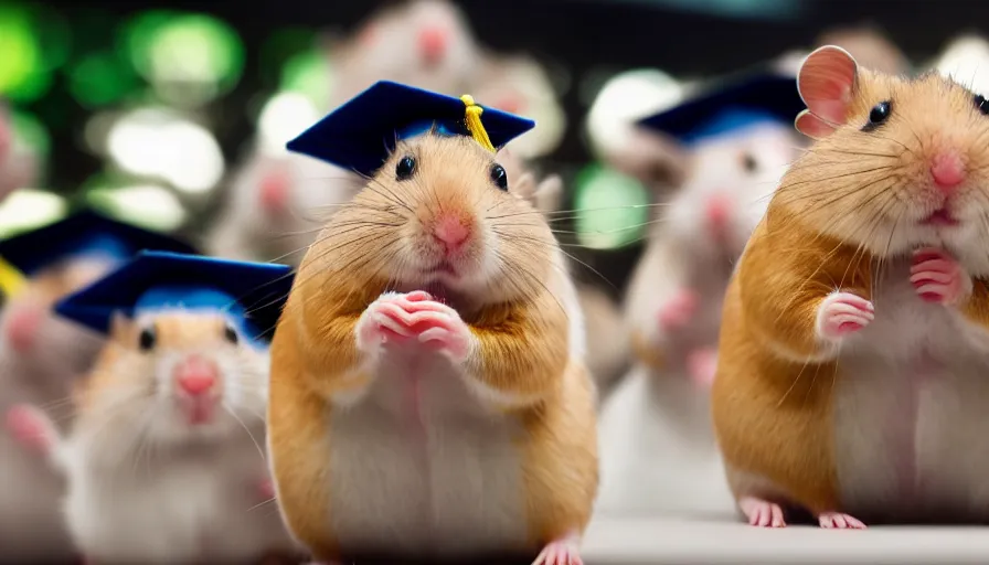 Prompt: A professional photo of a graduate hamster doing a speech in front of other hamsters in the hamsters' academy, HD, professional photography, sharp focus, cinematic lighting, enhanced colors, Flickr, award winning