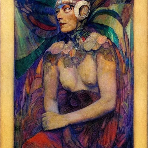 Image similar to the queen in her moth mask, by Annie Swynnerton and Diego Rivera, in profile, symbolist, dramatic lighting, elaborate geometric ornament, Art Brut ,god rays, soft cool colors,smooth, sharp focus, extremely detailed, Adolf Wölfli