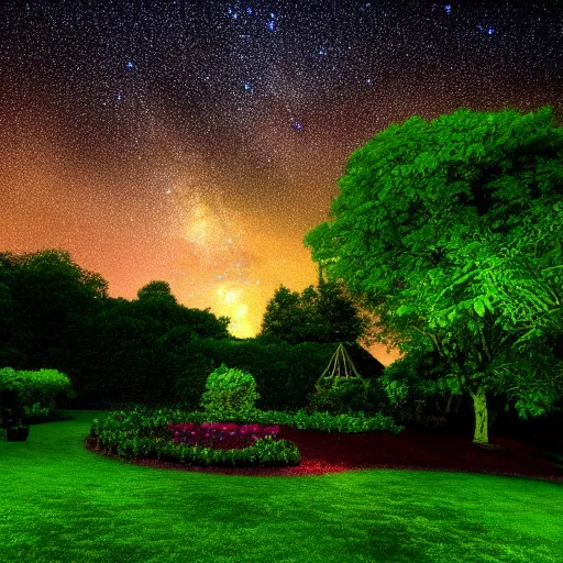 Prompt: beautiful garden lush green, full night sky milky way view hd