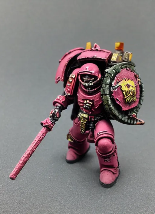 Prompt: 8 0 mm resin detailed miniature of a drunk warhammer 4 0 k space marine with pink dragonscale armor, product introduction photos, 4 k, full body,