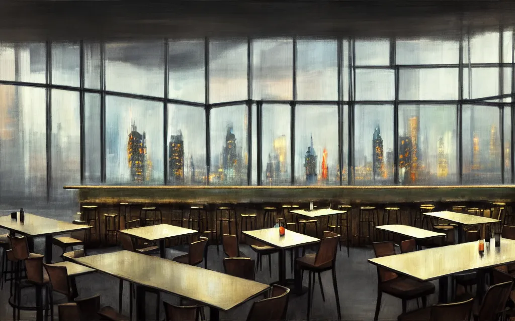 Image similar to loft lounge with tall windows, few people, city in background, bar counter with bartender and few chairs nearby, sparse plants, dim painterly lighting volumetric aquatics, impasto. drawn by feng zhu