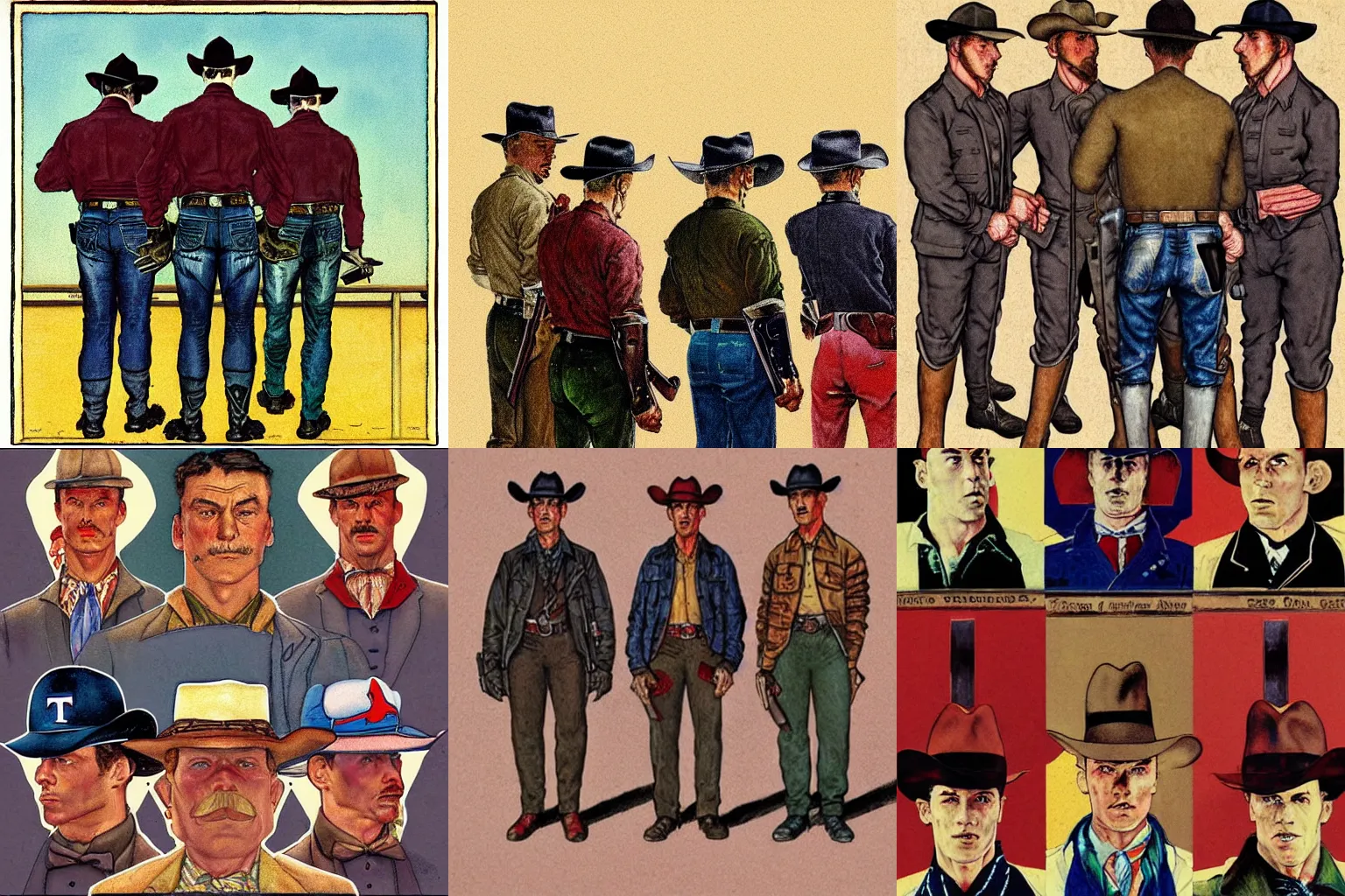 Prompt: “coloured illustration of 5 Texas rangers, facing away from viewer, by Tom of Finland, by Norman Rockwell”