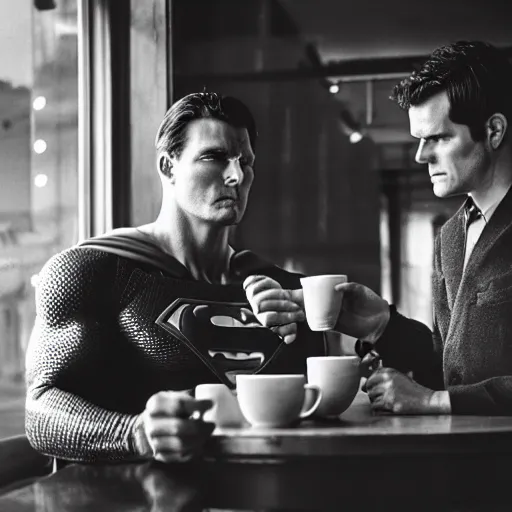 Prompt: Batman and Superman drinking coffee at a cafe, movie still, cinematic, professional photography, 28mm