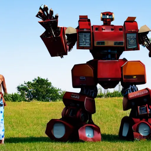 Image similar to giant oversized battle robot mech as giant baby on a village