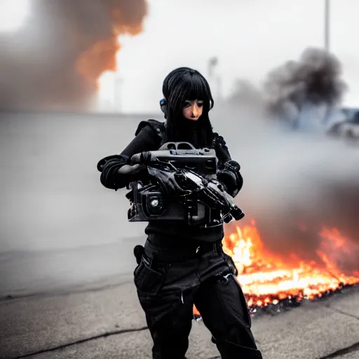 Image similar to Candid extreme wide shot of a poor techwear mixed woman with short hair and tattoos outside of a futuristic Los Angeles on fire, a police MRAP on fire, cyberpunk, 4k, extreme long shot, desaturated, full shot, action shot, motion blur, depth of field, sigma 85mm f/1.4, high resolution, 4k, 8k, hd, full color, award winning photography, war photography