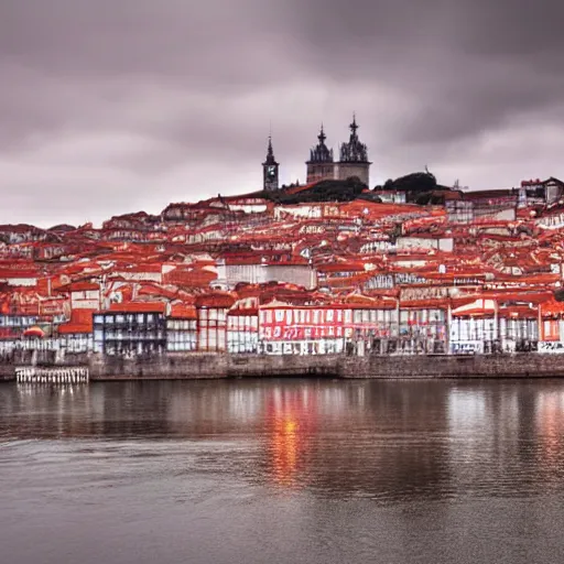 Image similar to the city of Oporto Portugal depicted in the style of blade runner