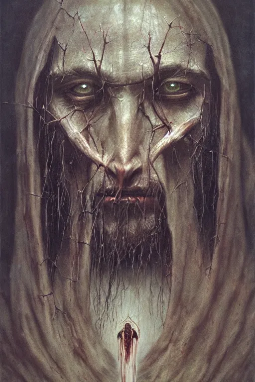 Image similar to portrait of demonic Jesus Christ in hood and crown of thorns, dark fantasy, Warhammer, artstation painted by Zdislav Beksinski and Wayne Barlowe