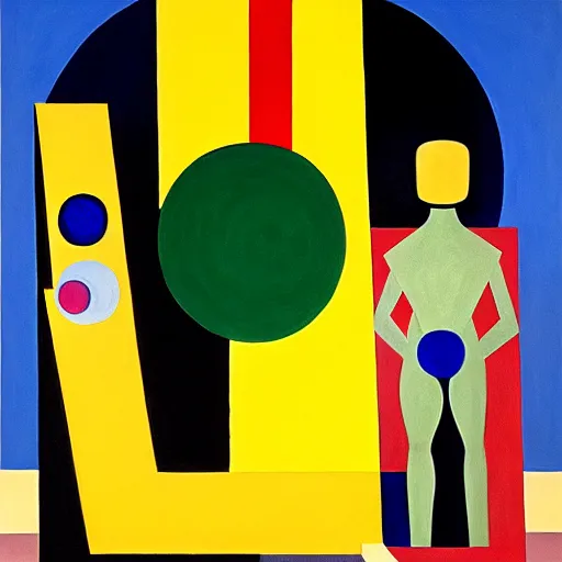 Prompt: melancholic complex suprematism painting of quetzalcoatl working on an sphere machine in height by malevich, throwing hard long shadows in complex construct room by oskar schlemmer, edward hopper vibe, liminal space, oil on canvas