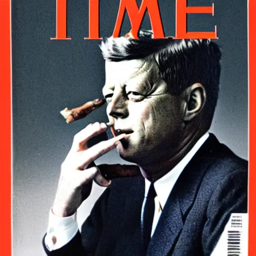 Prompt: Time Magazine cover of John F. Kennedy smoking a cigar
