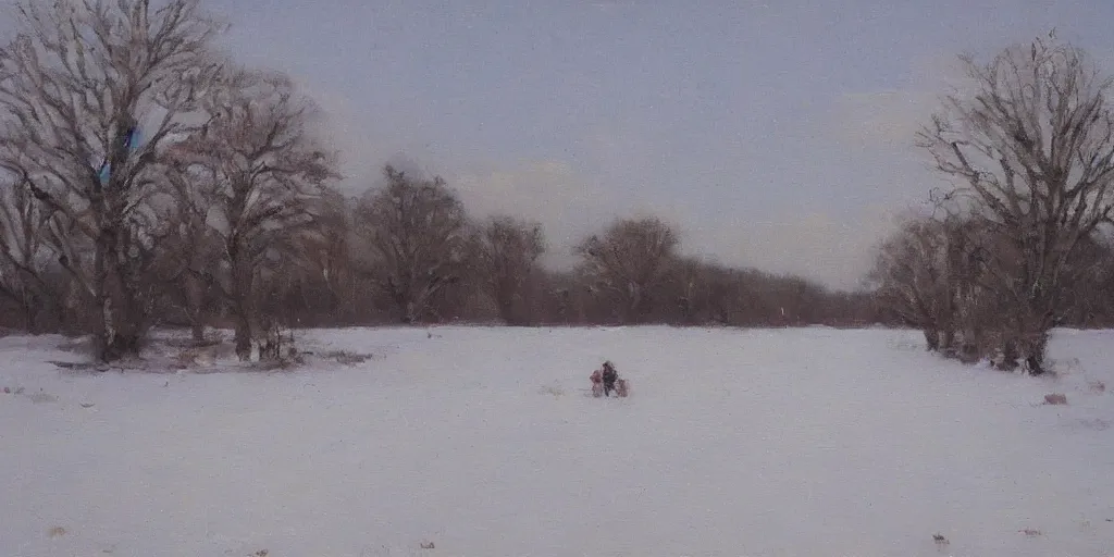 Prompt: a big circus in the snow ground, distant view ， oil painting