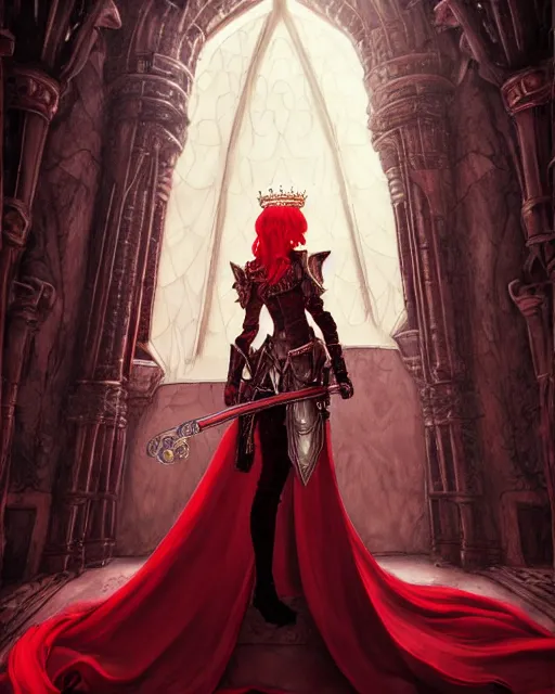 Image similar to redhead queen knight in heavy red armor, inside grand hall in castle with rococo aesthetic, intimidating, high fantasy, intricate detail, digital painting, artstation, concept art, smooth, sharp focus, illustration, art by yoshitaka amano and monia merlo and wlop, masterpiece