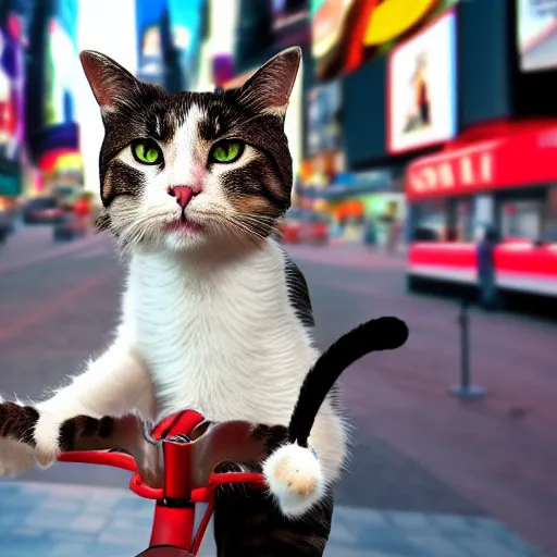 Image similar to a photorealistic, 4 k, photoshoot of a cat riding a bicycle though times square