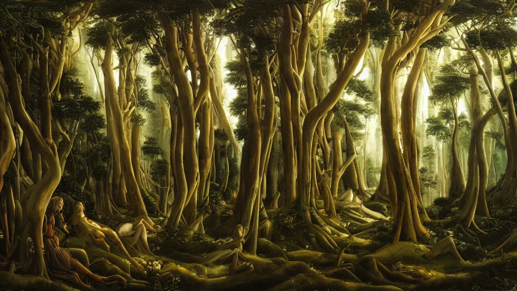 Prompt: A Sandro Botticelli oil painting of a hauntingly beautiful elven forest in the morning; rays of light coming through the canopy; trending on artstation; extraordinary masterpiece!!!!!!; 8k