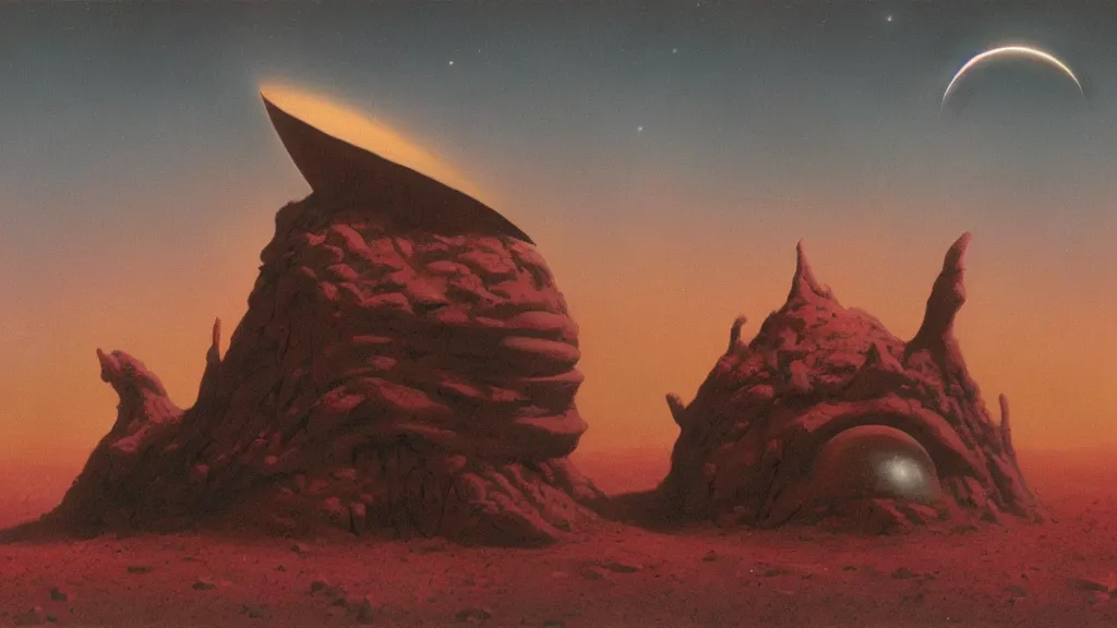 Image similar to mysterious whimsical sculpture of an alien crescent moon by paul lehr and john schoenherr and john harris, cinematic matte painting