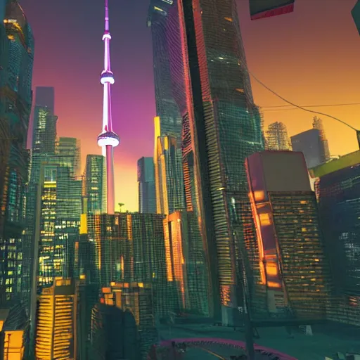 Image similar to Neon cyberpunk cityscape of Toronto Canada including CN tower with flying cars and advertisement screens, Blender 3D, Unreal Engine, 8k, by Jordan Grimmer and Andrea Pozzo