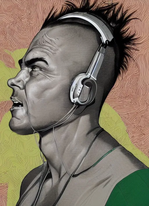 Image similar to portrait of a man with gray and green mohawk wearing a gray headset and brown tank top, gray and green mohawk, gray headset, brown tank top. art by martin ansin, martin ansin artwork. portrait.